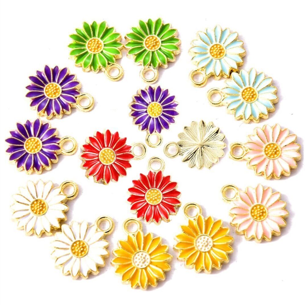5616 50 Pack Sunflower Enamel Charms Gold Tone Flower Pendants Beads
